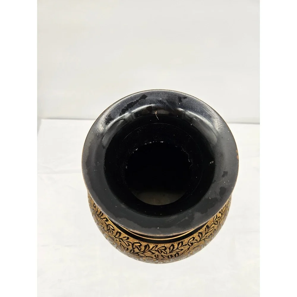 Vintage Hand Etched Black and Gold Brass Floral Urn Vase 9.5 Inch